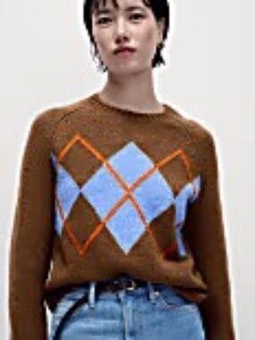 Marks & Spencer Argyle Crew Neck Sweater With Wool Brown Blue M